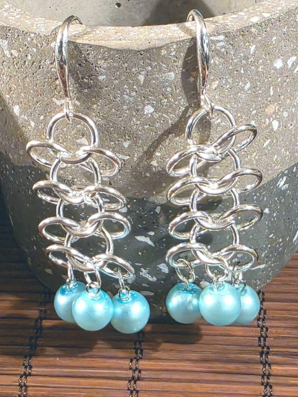 Edgy Light Blue Glass Pearls Sterling Silver Plated Chainmaille Earrings